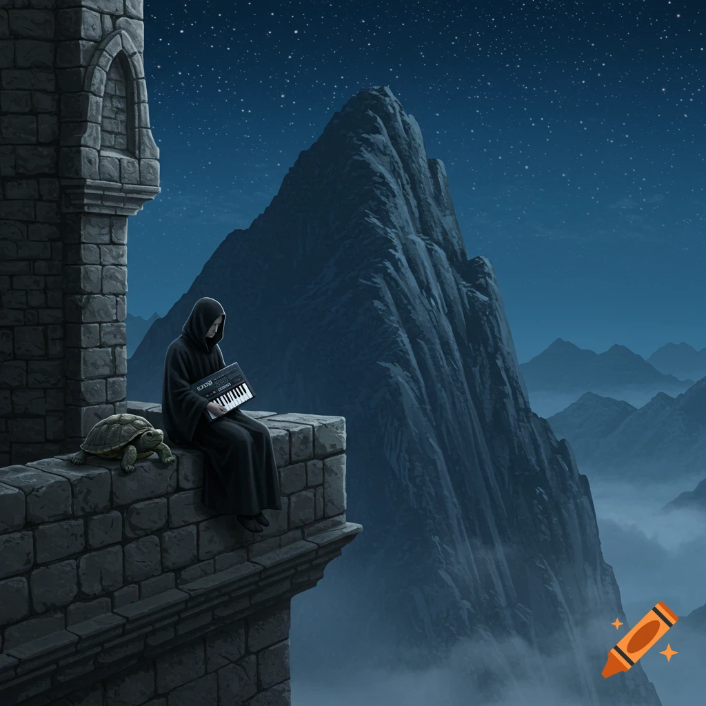 A robed figure plays a keyboard on a castle wall next to a turtle, overlooking misty mountains under a starry night sky.