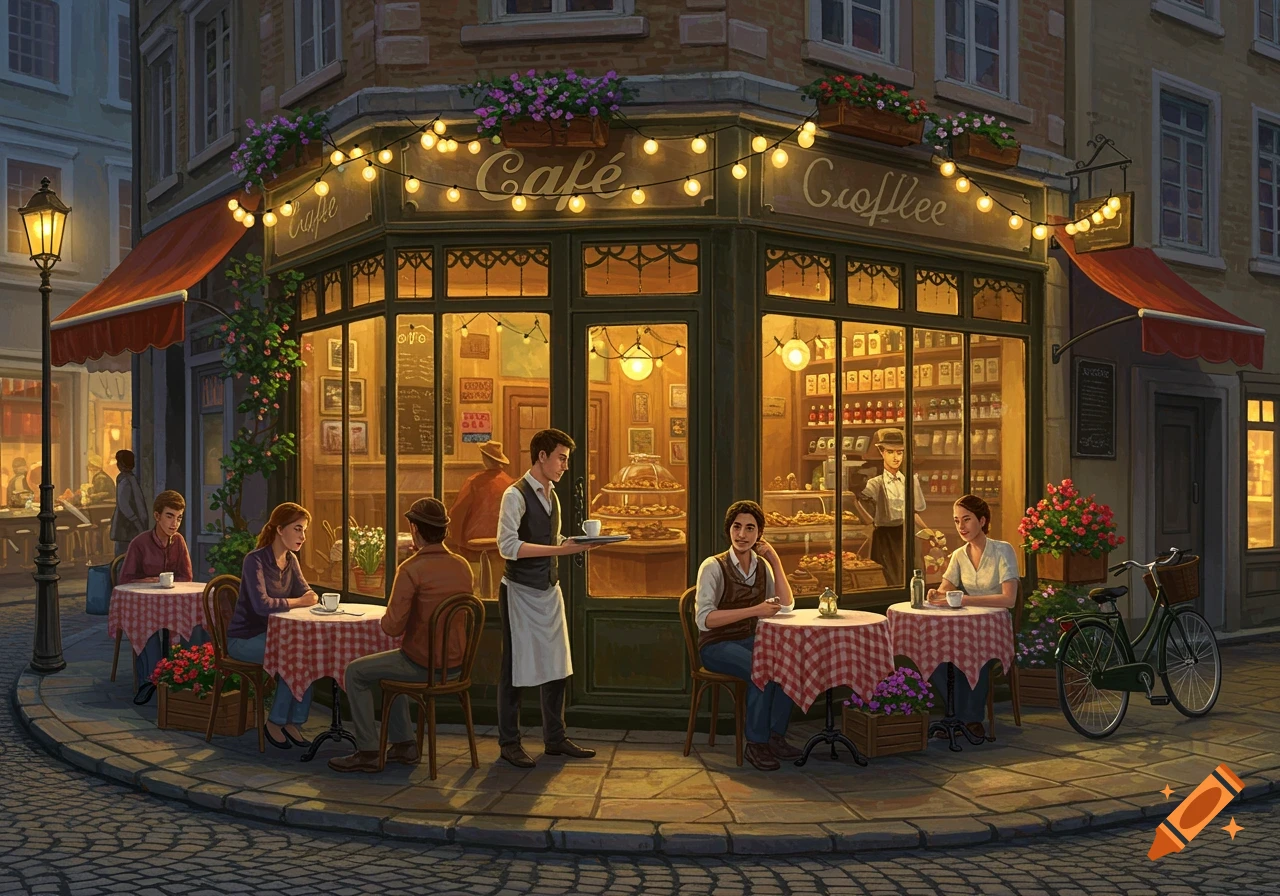An illustration of a charming European-style cafe at dusk with string lights, outdoor tables, and patrons.