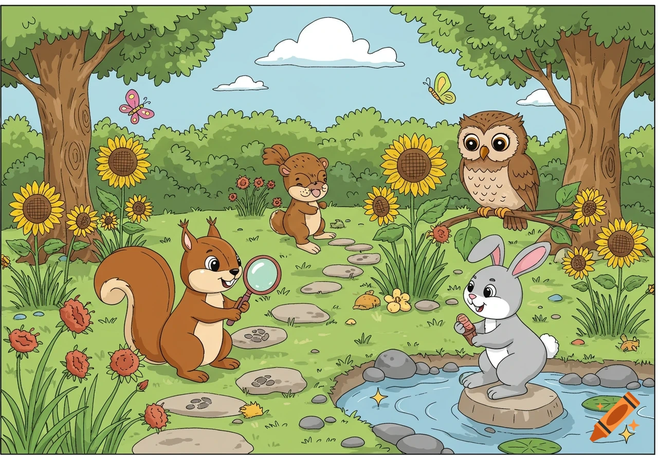 Colorful cartoon illustration of forest animals: a squirrel with a magnifying glass, a rabbit with an ice cream, an owl, and a beaver in a clearing with sunflowers, trees, and a pond.
