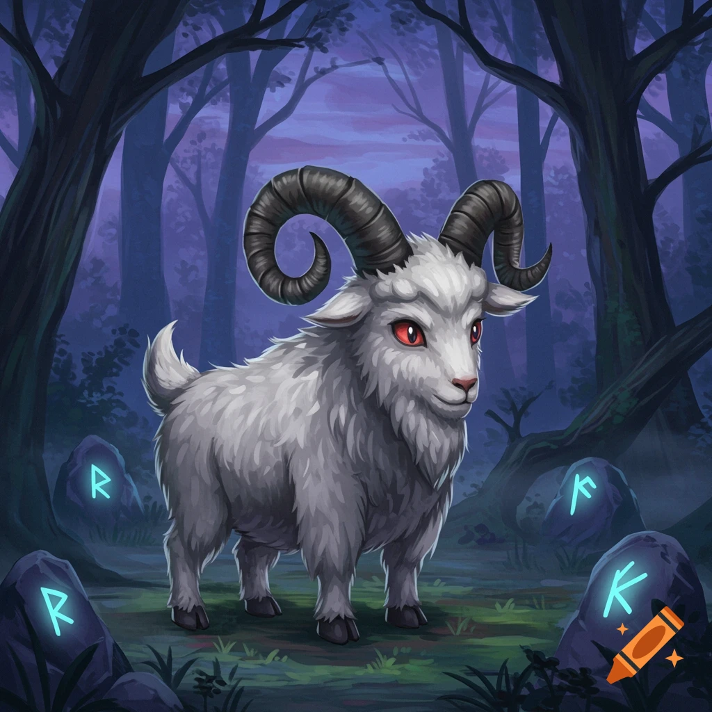 A white goat with red eyes and large horns stands in a dark, mystical forest with glowing runes on rocks.