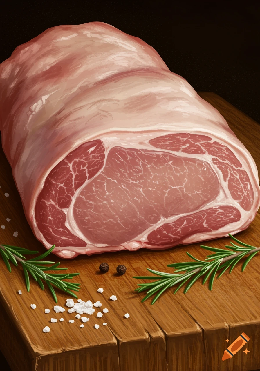 A raw pork roast sits on a wooden cutting board with rosemary sprigs and scattered salt crystals.