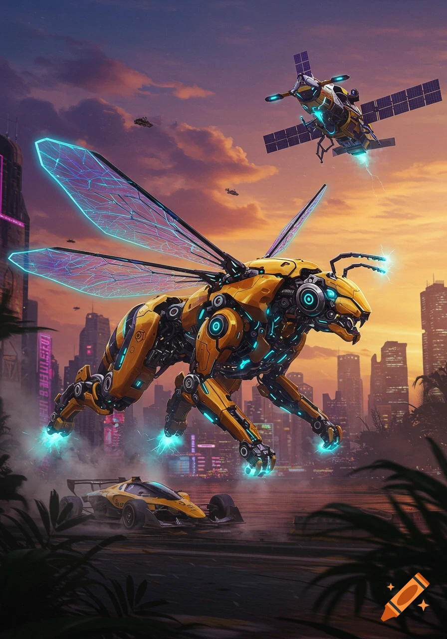 A futuristic robotic bee-tiger creature with glowing blue accents hovers above a racecar in a cyberpunk city at sunset, with a satellite drone in the sky.