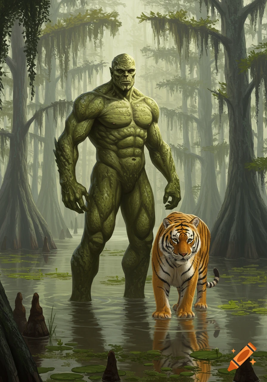 A large, muscular green swamp monster stands next to a tiger in a misty Louisiana swamp.