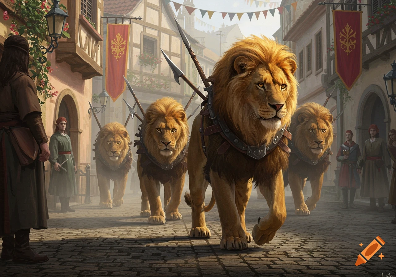 Four armored lions march down a cobblestone street in a medieval town, with townsfolk observing from the sides.