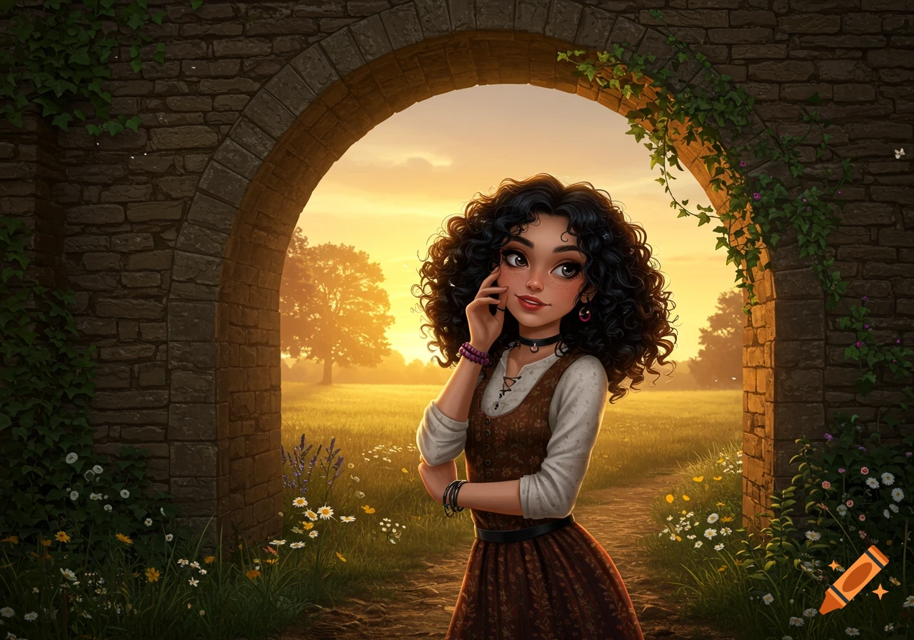 A young woman with curly black hair stands in a stone archway, looking out over a sunlit grassy field with wild flowers.