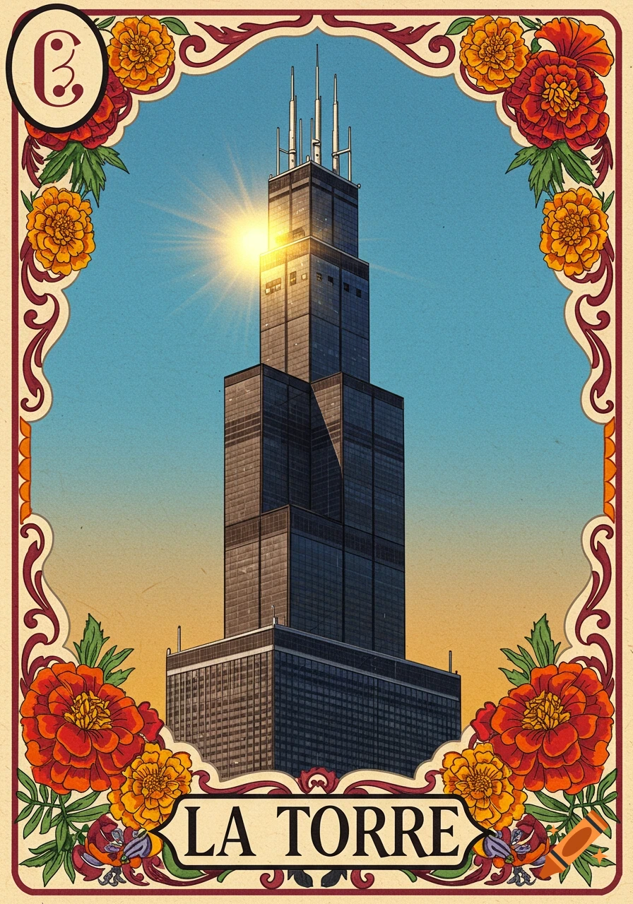 Lotería style card featuring the Willis Tower in Chicago, surrounded by marigolds and a decorative border. Text reads 'LA TORRE'.