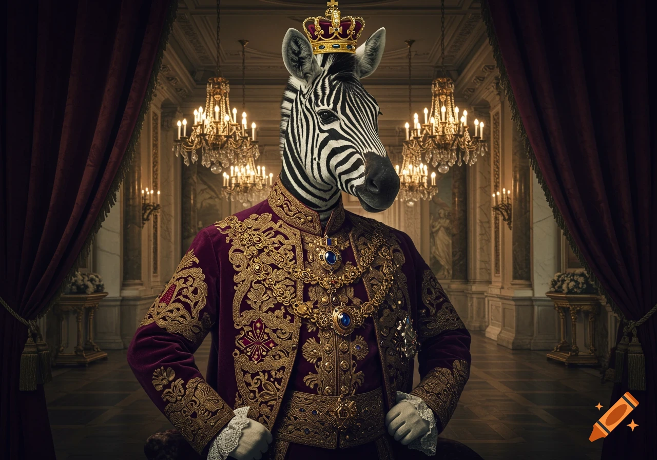 A photorealistic portrait of a zebra head on a human body wearing elaborate purple and gold royal garments in a grand hall.
