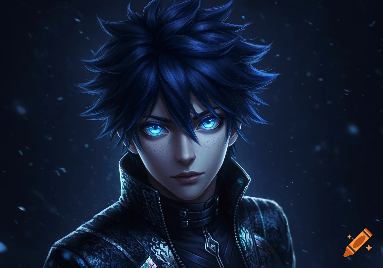 Anime portrait of a person with spiky blue hair and glowing blue eyes, wearing a dark patterned jacket.