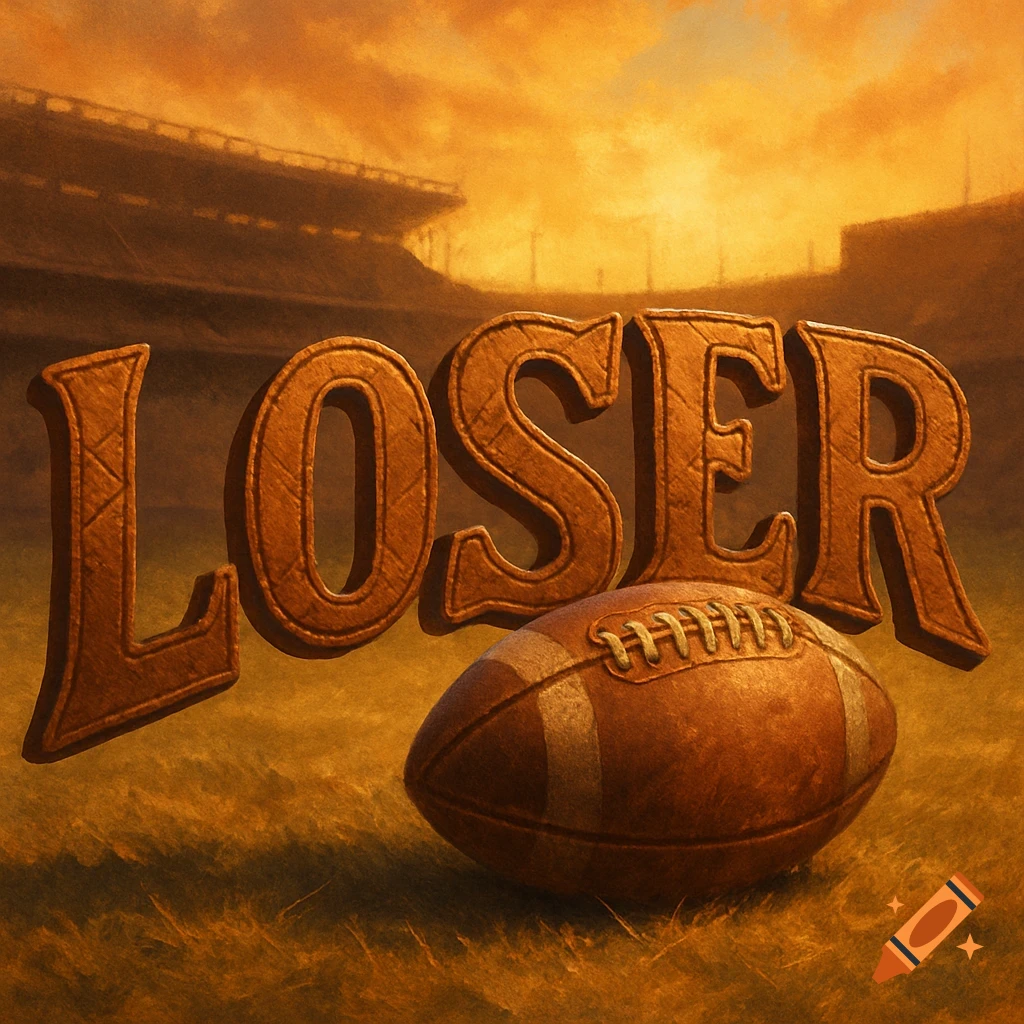 Textured brown letters spelling 'LOSER' on a football field with a football in front, under an orange sunset sky and a stadium in the background.