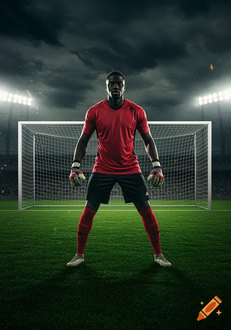 A photorealistic image of a male football goalkeeper in a red jersey and black shorts standing in front of a goal on a green field under a cloudy sky with stadium lights.