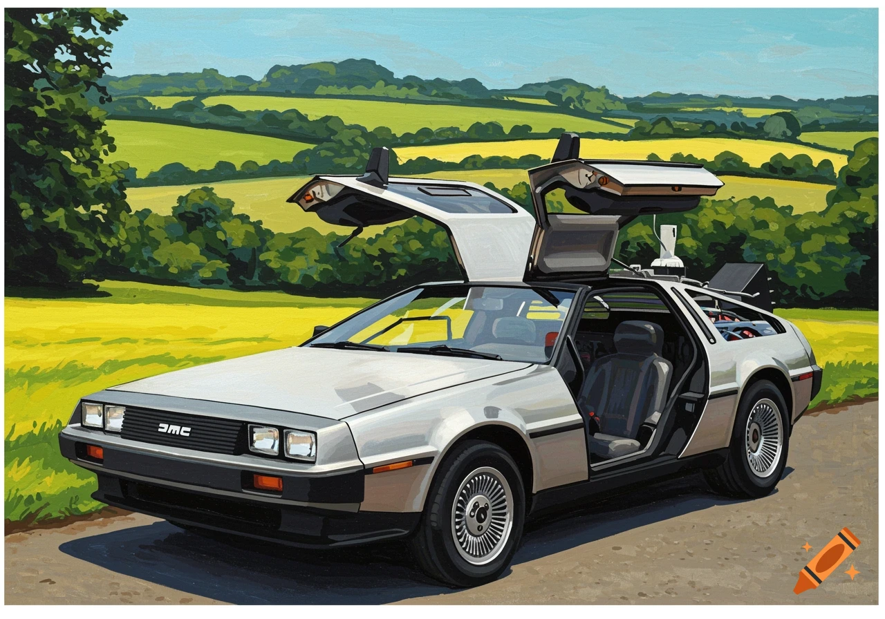 A silver DeLorean car with open gull-wing doors parked on a dirt road next to green fields and hills, in a pop art painting style.