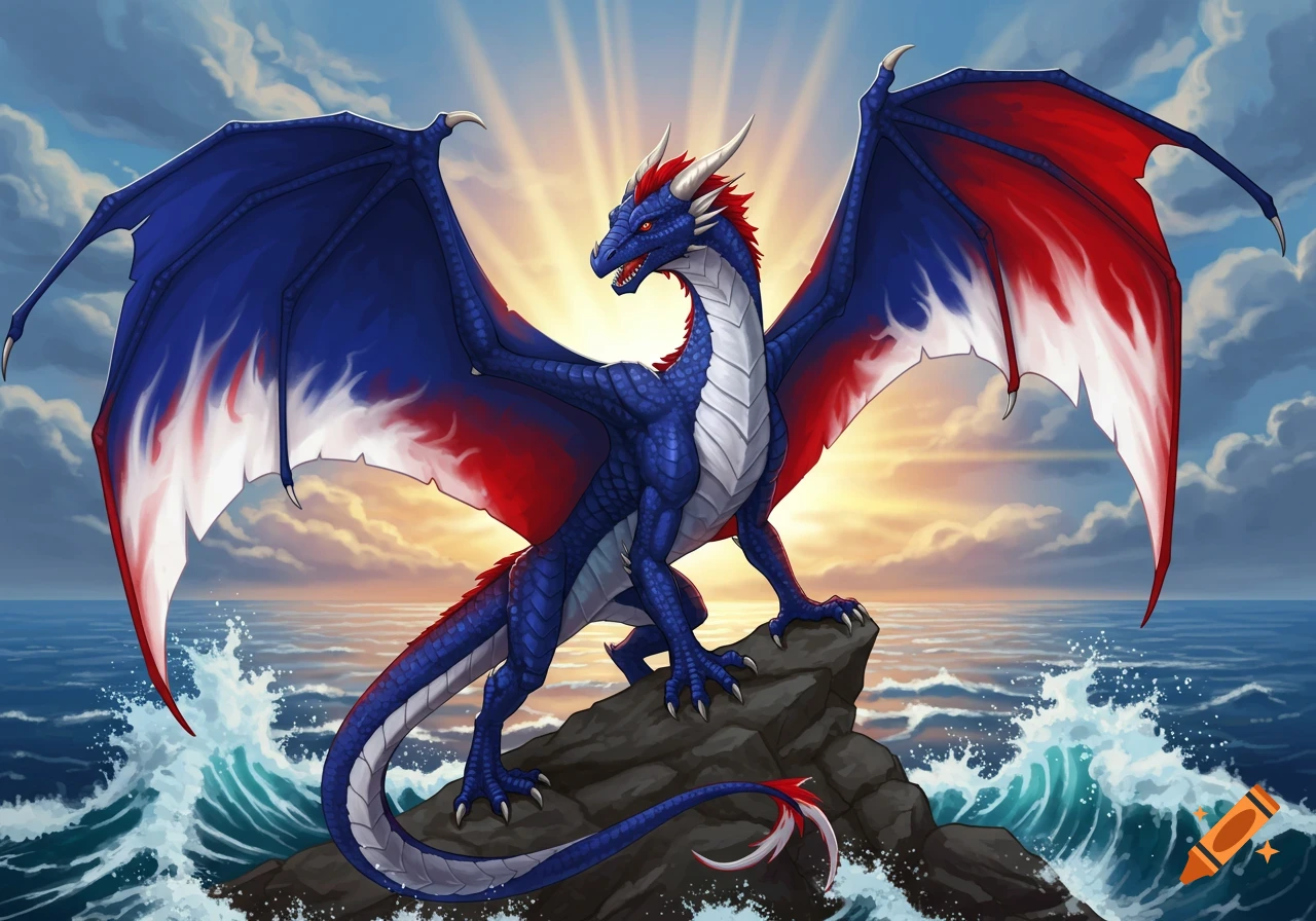 A blue dragon with red and white wings stands on a rock in the ocean against a sunset sky.