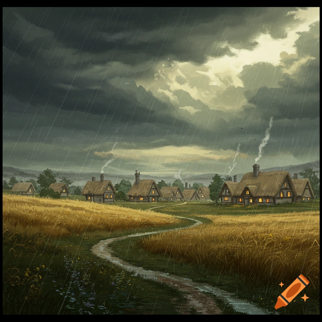 A fantasy village with thatched-roof houses in golden fields under a dark, rainy sky with a winding dirt path.