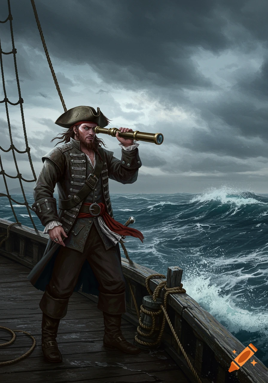 A pirate with a beard and tricorn hat stands on a ship's deck, looking through a telescope at a stormy sea under a dark sky.