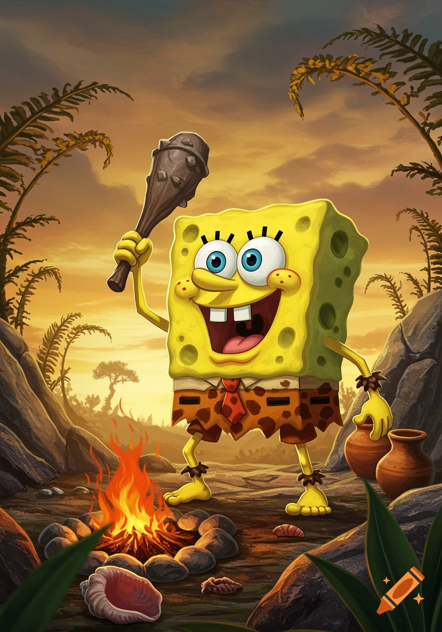 SpongeBob SquarePants as a caveman holding a club, standing by a campfire with prehistoric plants and rocks at sunset.