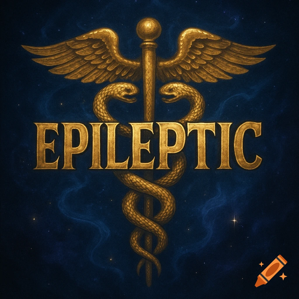 A golden caduceus symbol with the word 'EPILEPTIC' across its center, set against a dark blue background with faint stars.