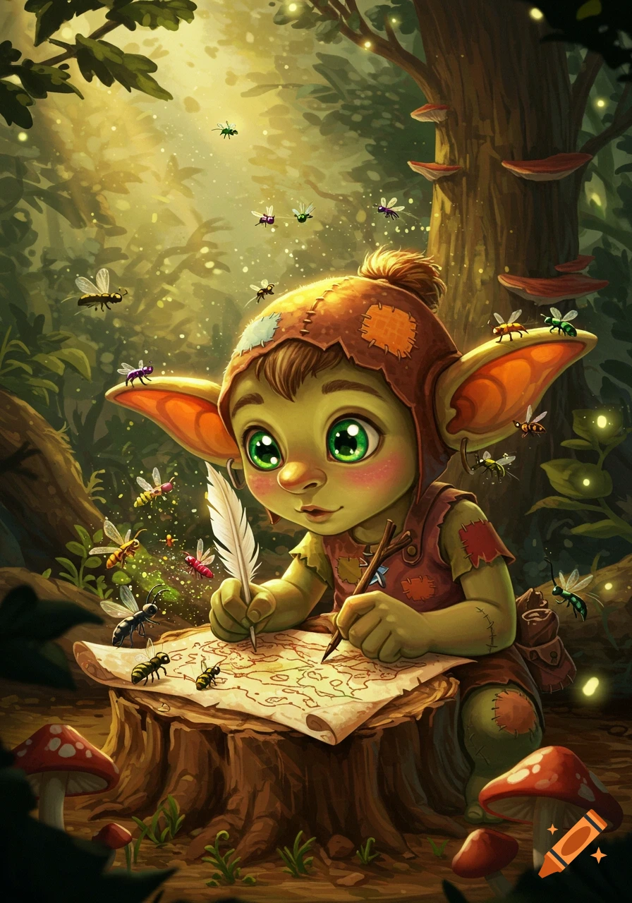 A cute, green-skinned goblin in patched clothing sits on a tree stump, writing on a map with a quill and pencil, surrounded by colorful insects in a sun-dappled forest.