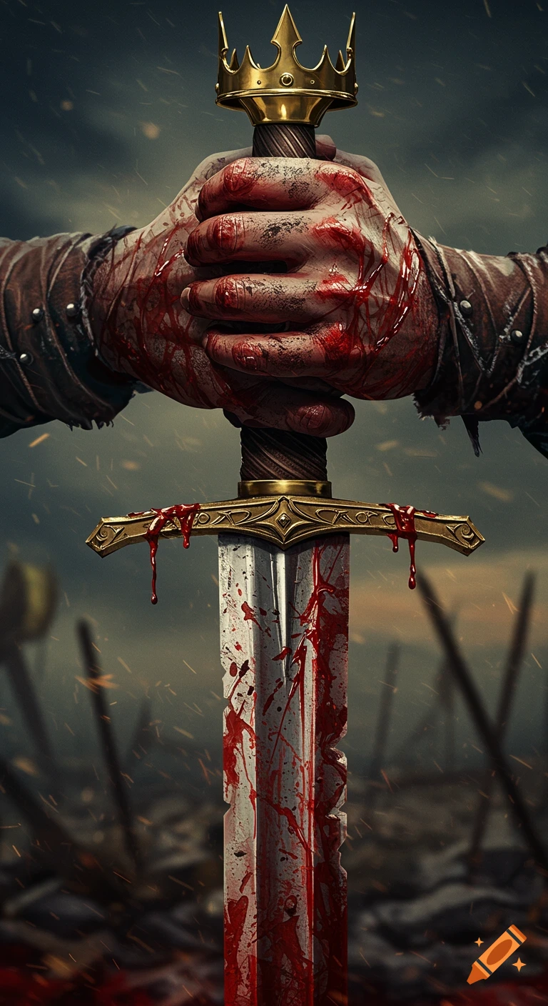 Close-up of bloodied hands firmly gripping a sword with a golden crown pommel, set against a dark, blurred battlefield.