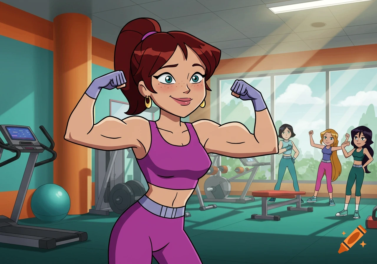 A cartoon woman in purple workout gear flexes her muscular arms in a gym, with other women in the background.