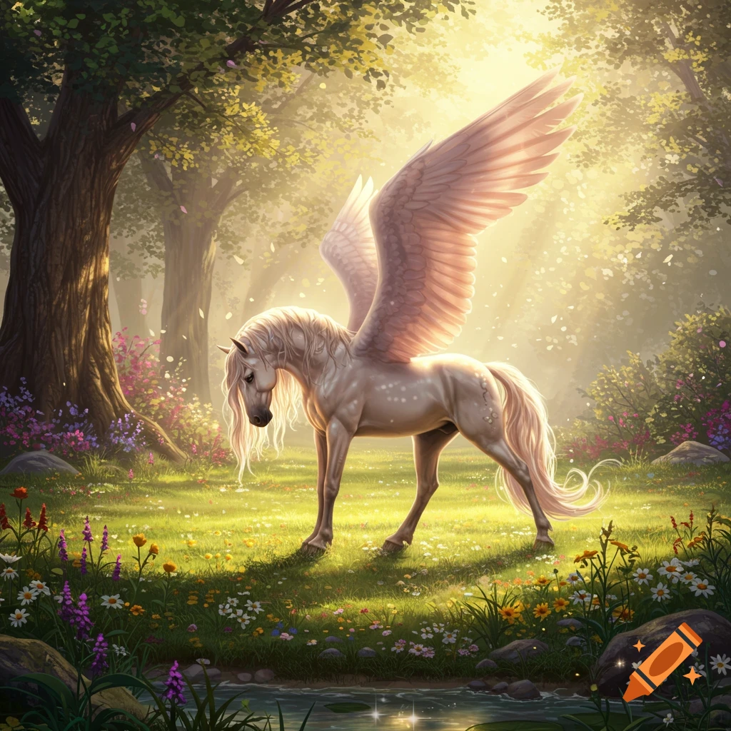 A majestic pegasus with long white hair stands in a sunlit magical forest clearing among wildflowers and a sparkling stream.