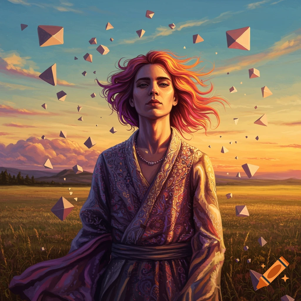 A woman with vibrant pink and orange hair stands in a field at sunset, with geometric pyramids floating in the sky, in a digital painting style.