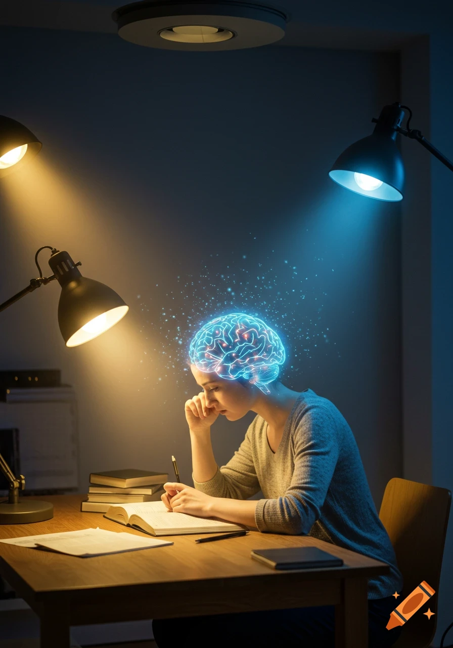 A person studies at a desk under warm and cool lights, with a glowing blue brain symbolizing thought. Photorealistic.