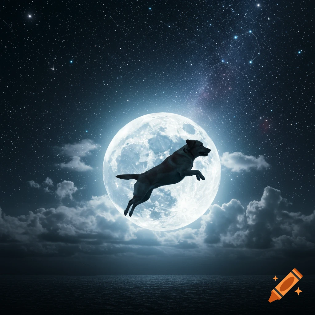 A black Labrador dog leaps over a large, glowing full moon in a starry night sky with clouds and water below.