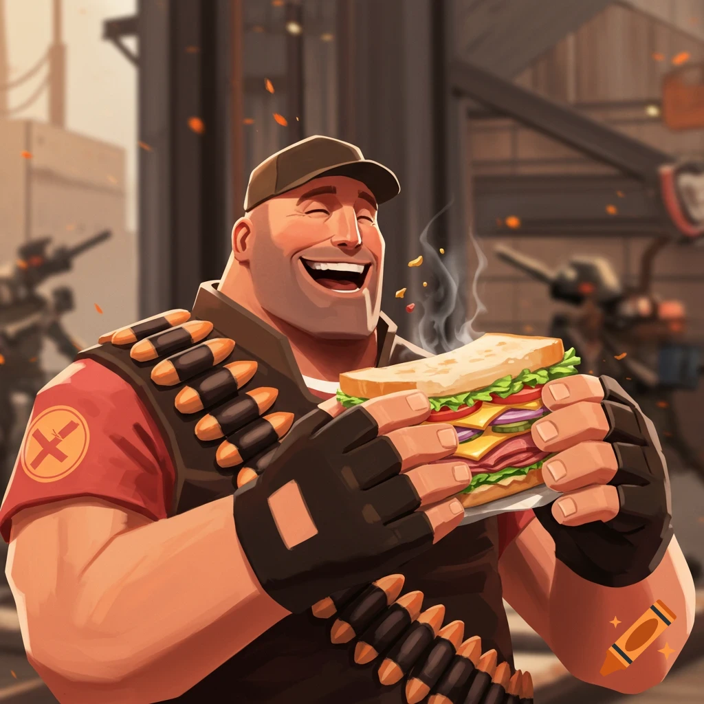 A happy, muscular cartoon character from Team Fortress 2, the Heavy, laughs while holding a large, steaming sandwich with various fillings.