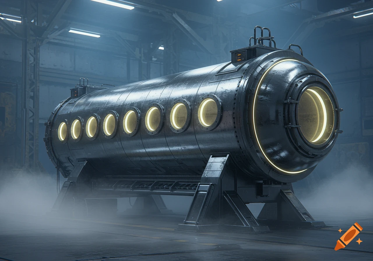 A large, dark metallic cylinder with multiple glowing circular portholes sits in a misty, industrial hangar. Photorealistic style.