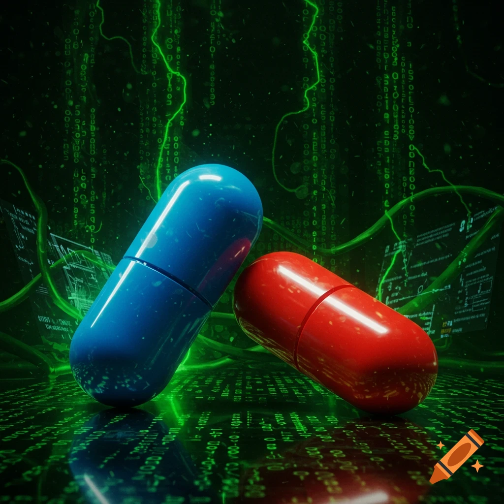 A blue pill and a red pill sit on a reflective surface against a dark green background with glowing Matrix-style digital code.