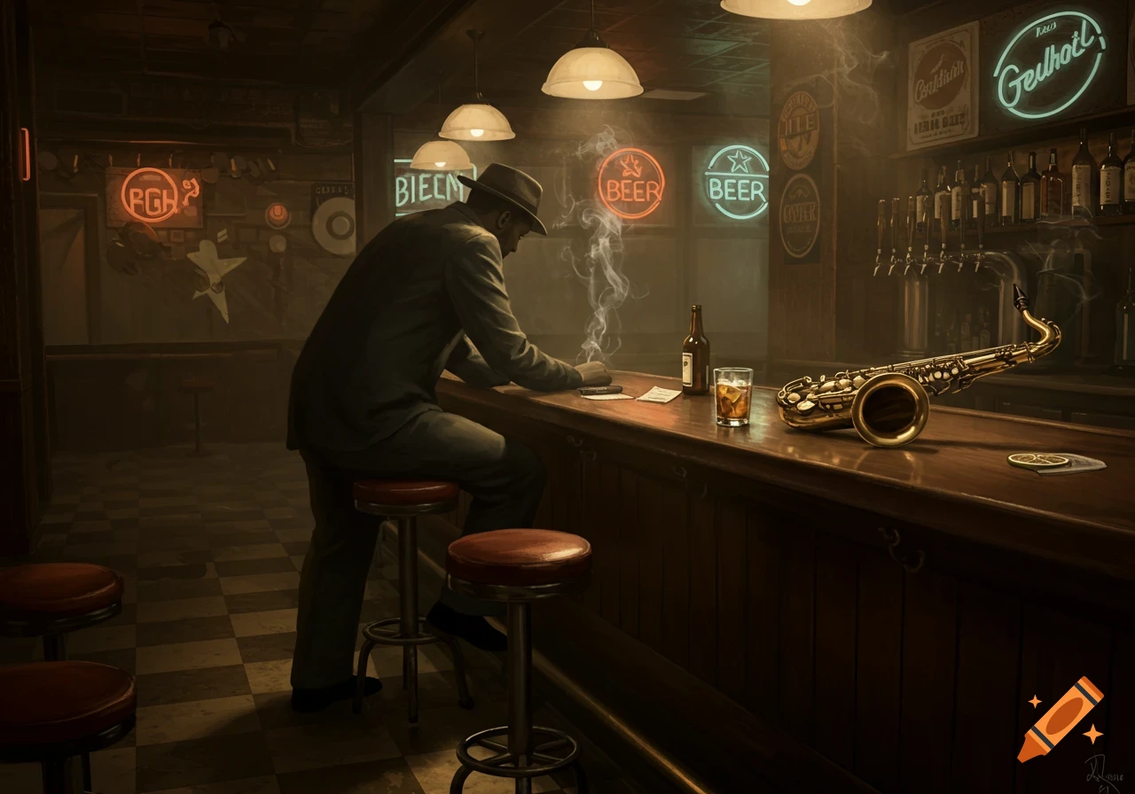 A man in a fedora sits at a dimly lit bar, smoking, with a saxophone and a drink on the counter.