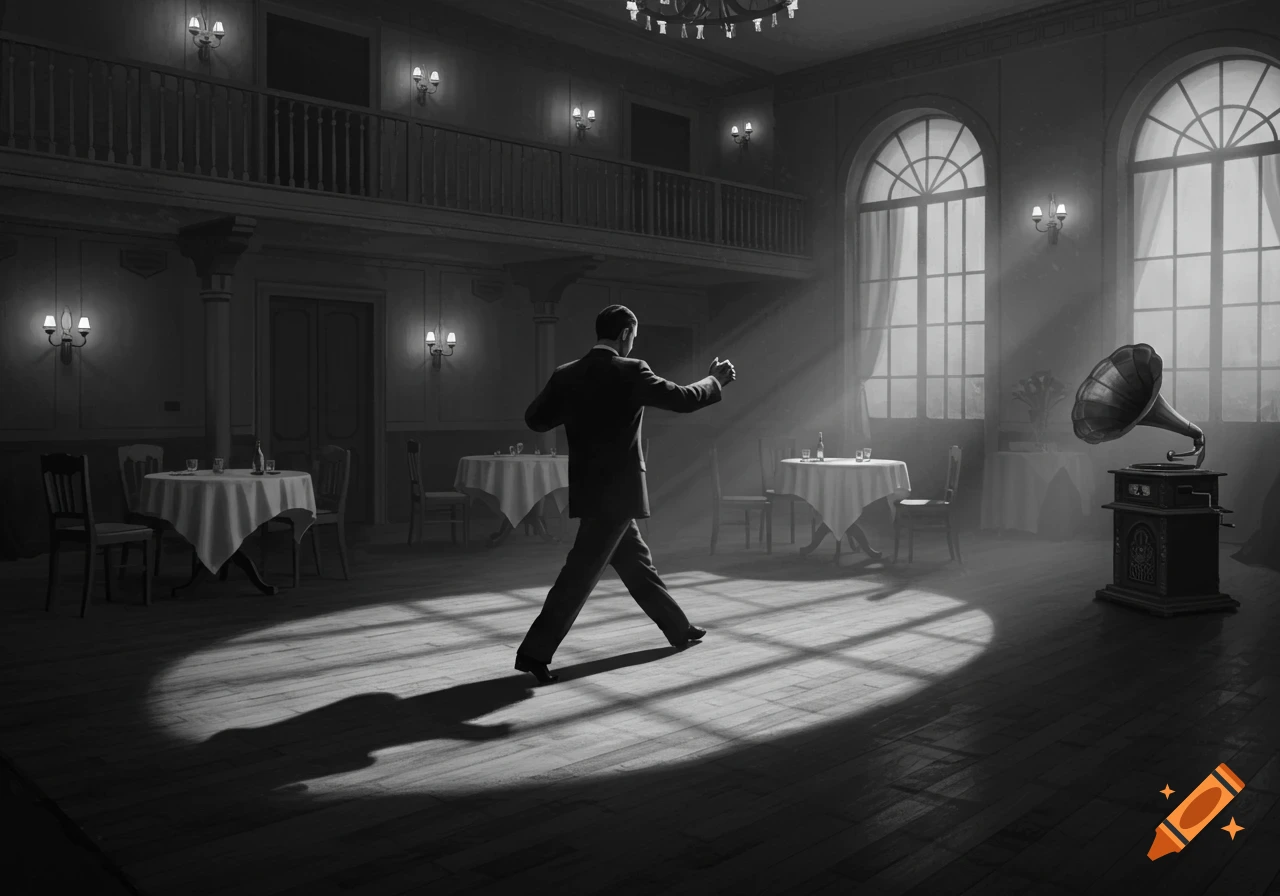 A man in a suit dances tango in a spotlight in a large, dimly lit ballroom with tables and a phonograph, in black and white.