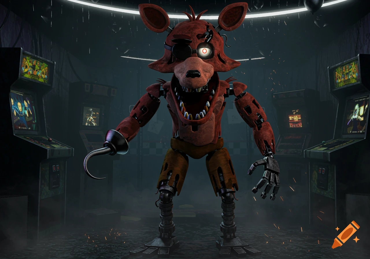 The animatronic fox Foxy from FNAF stands in a dark, worn arcade, mouth open with sharp teeth and one glowing eye.