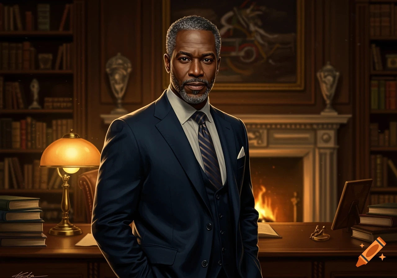 A distinguished man with graying hair and a beard stands in a wood-paneled study with bookshelves and a fireplace.