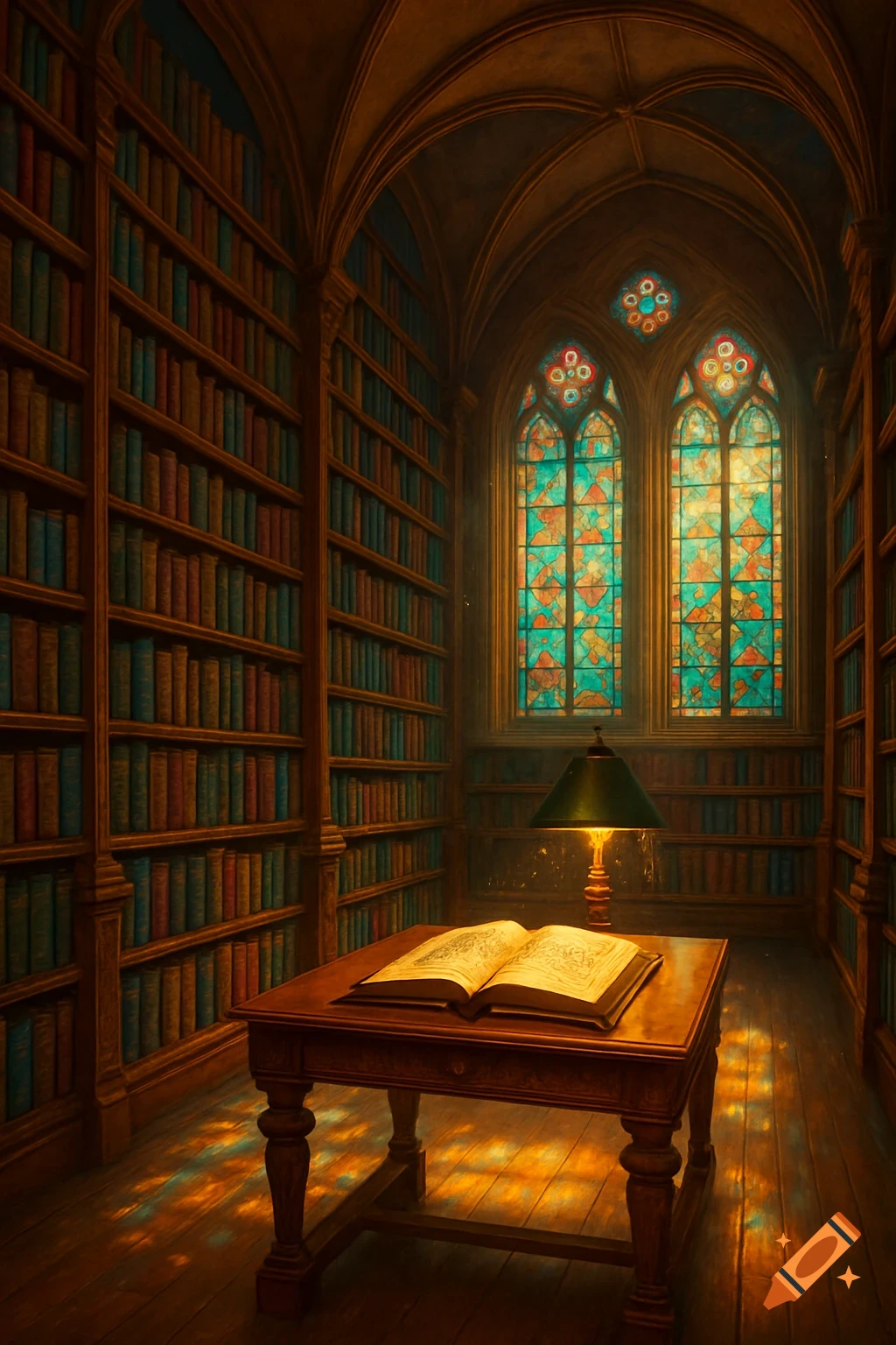 A cozy, arched library with tall bookshelves, a wooden table, an open book, and stained glass windows.