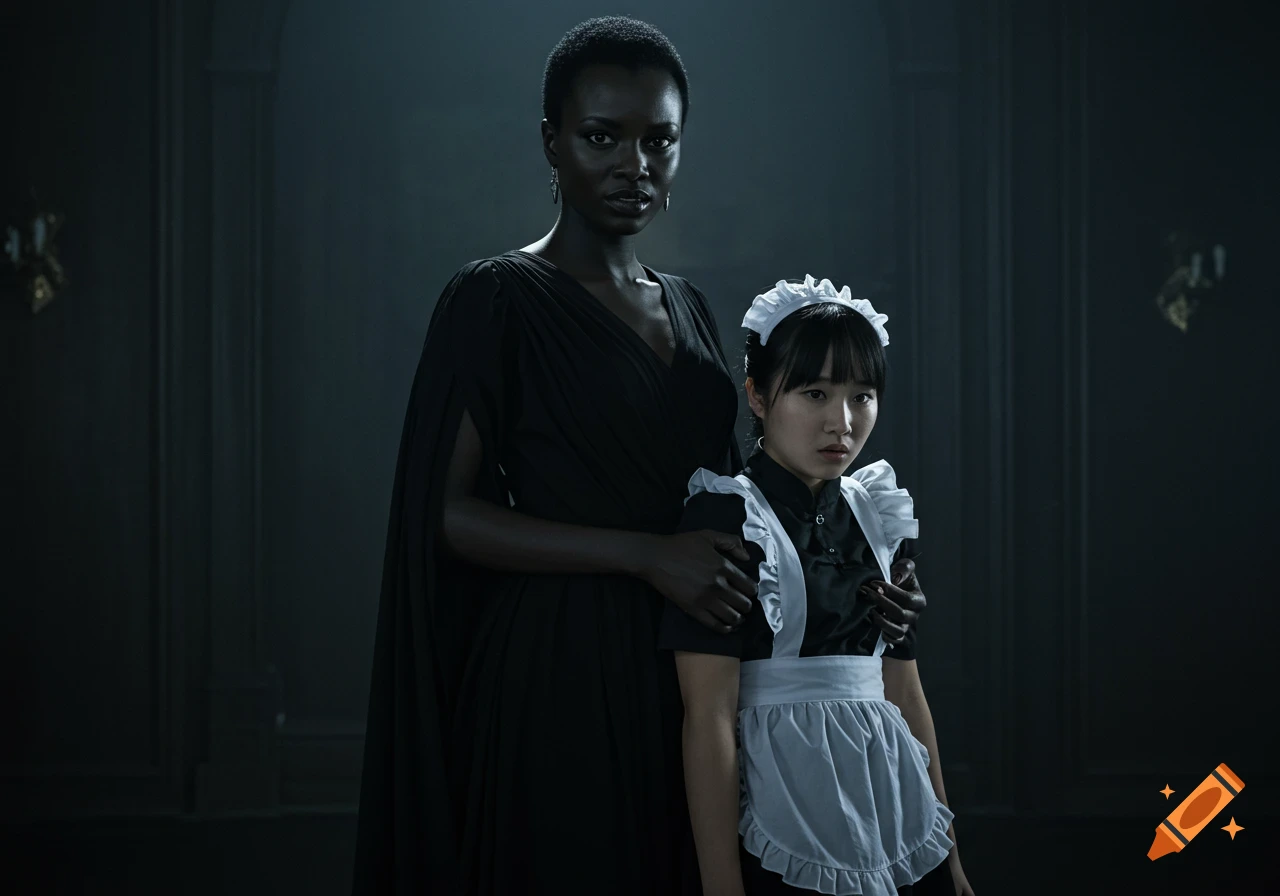 An imposing Black woman in a black dress holds a frightened Asian maid in a gothic horror setting.