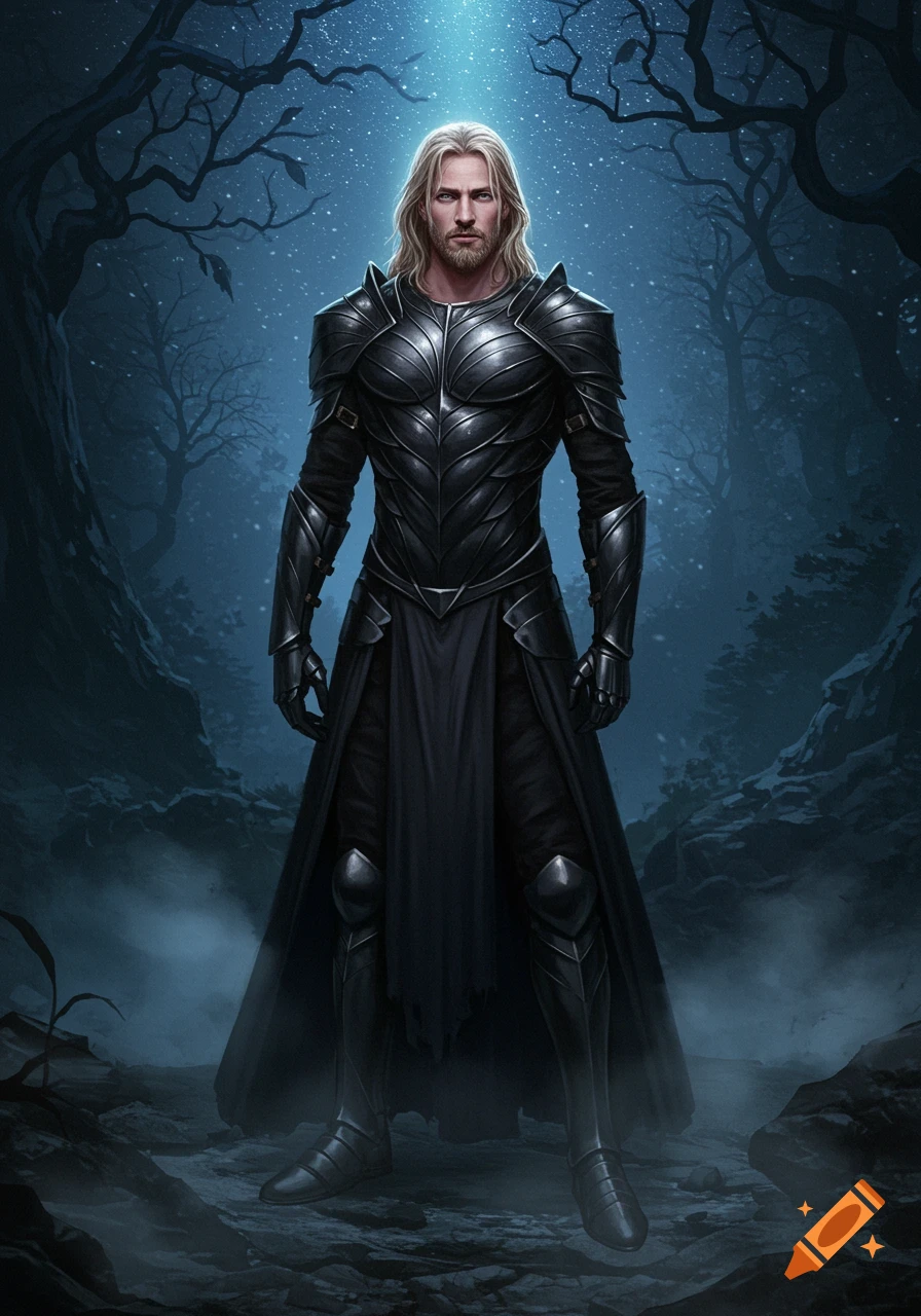 A tall man with blond hair and a beard wearing dark, ornate body armor stands in a mystical, moonlit forest.