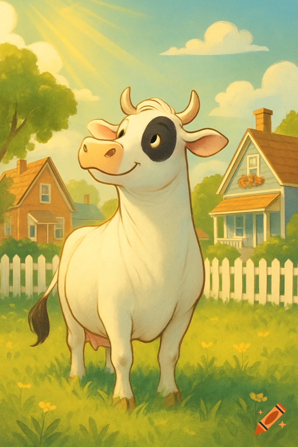 A cartoon cow with a black eye patch stands smiling in a sunny green field with houses and a white fence in the background.