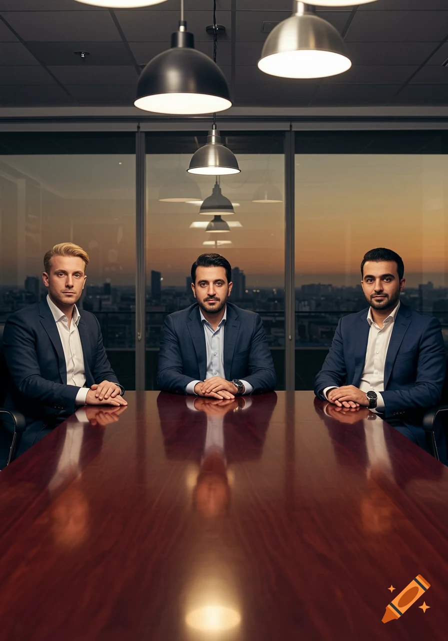 Three professional men in suits sit at a large conference table in a modern meeting room with a city skyline at sunset.