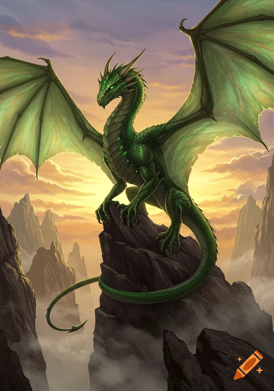 A majestic green dragon with large wings and glowing green eyes stands on a rugged mountain peak at sunset, surrounded by clouds.