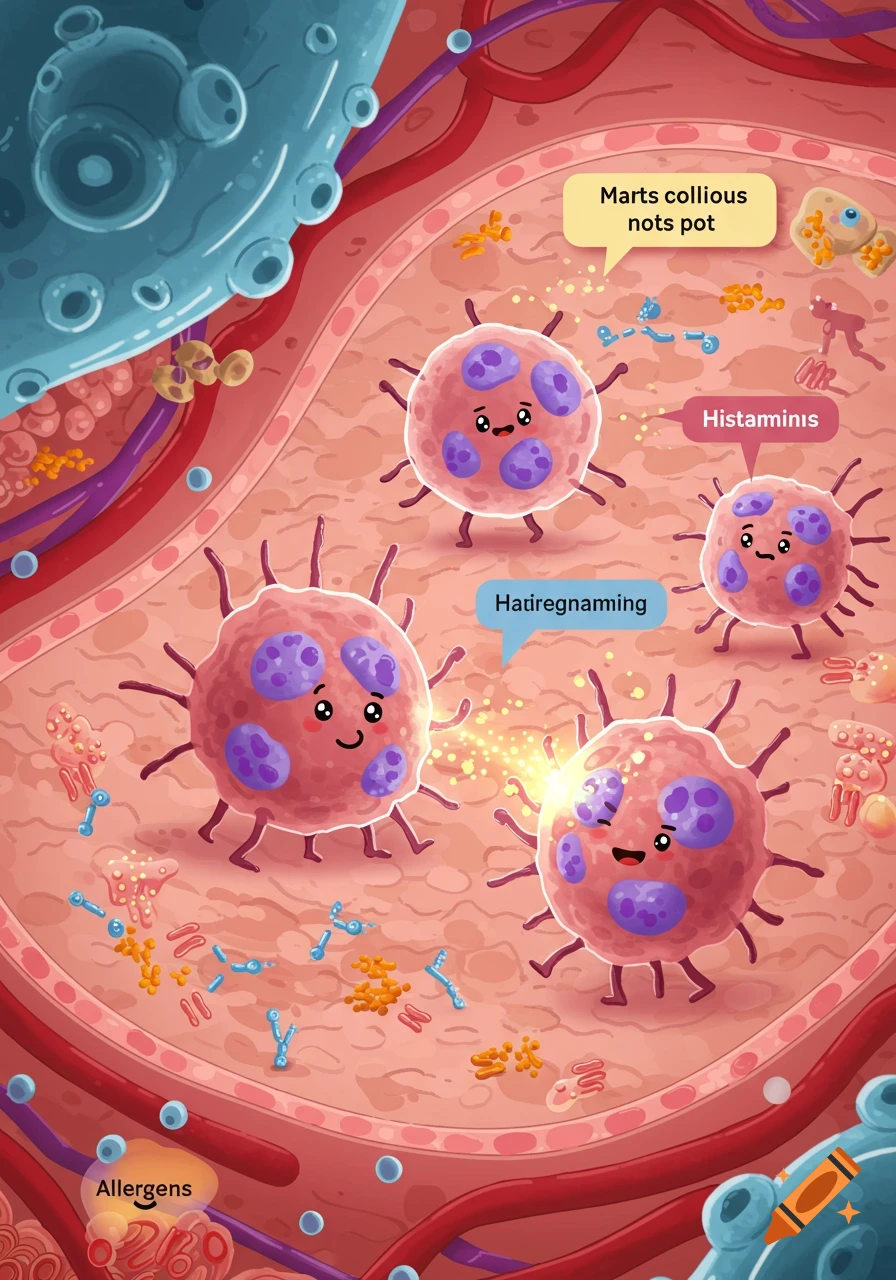 Cartoon illustration of mast cells reacting to allergens, with blood vessels and tissue in the background.