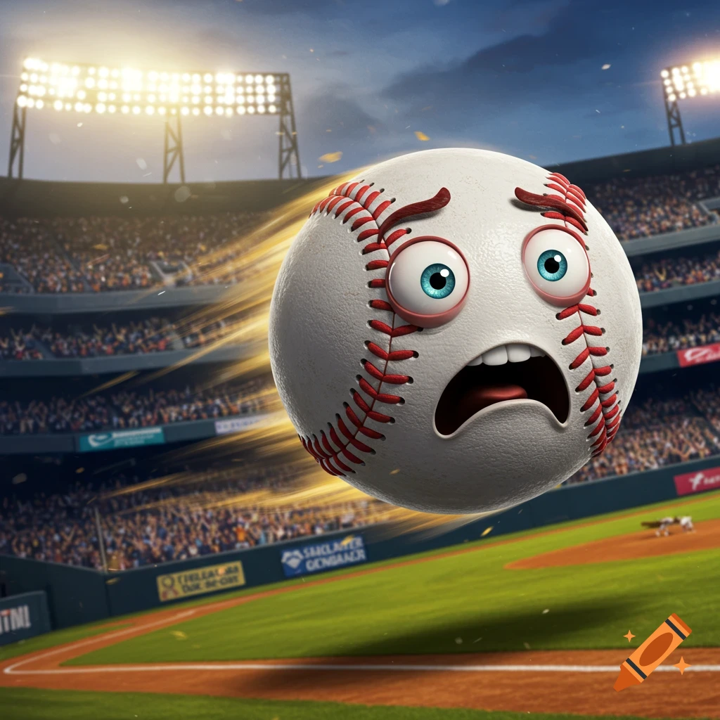 A cartoon baseball with a scared expression rapidly flies through a brightly lit baseball stadium at night.