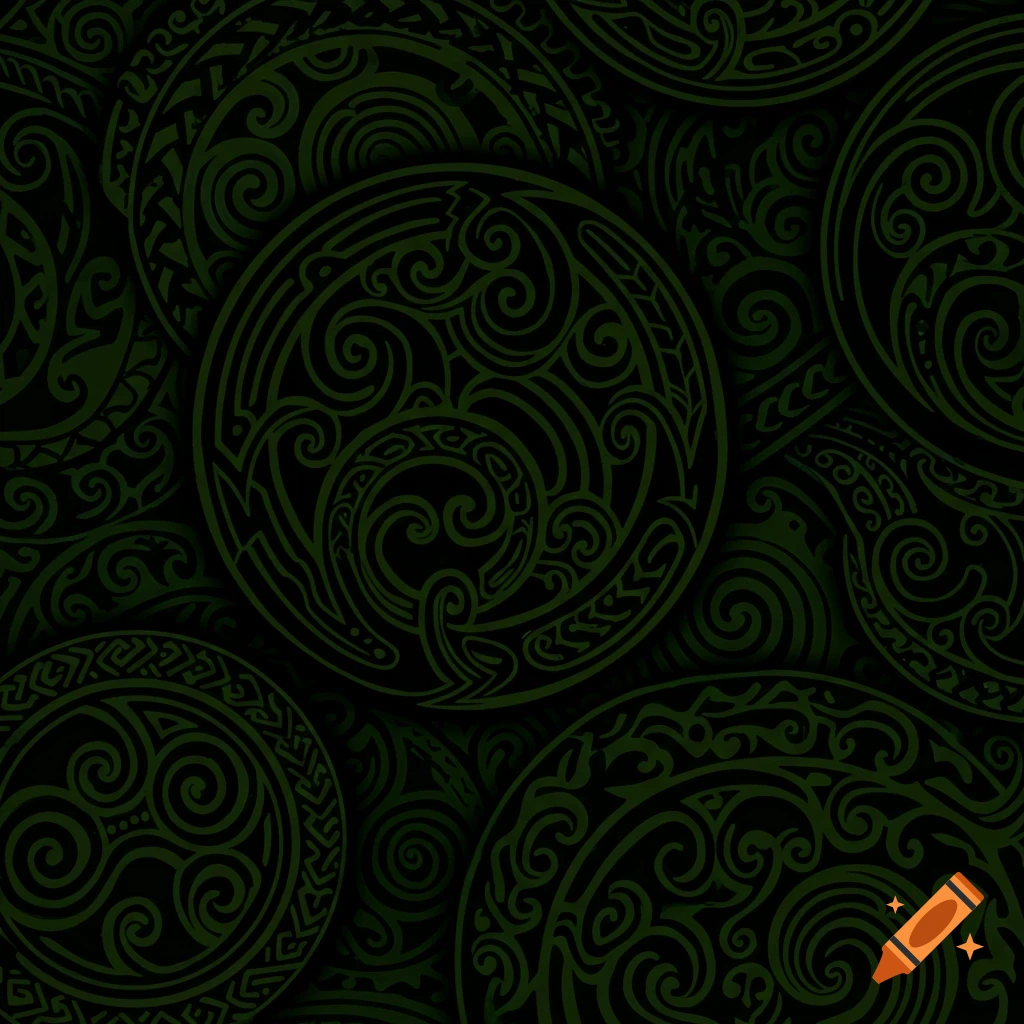 A dark green seamless pattern of intricate circular tribal designs on a black background.