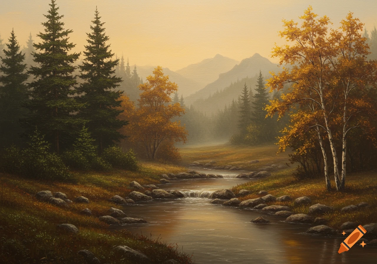 A serene painting of an autumn mountain valley with a winding stream, evergreen and golden-leafed trees under a hazy sky.
