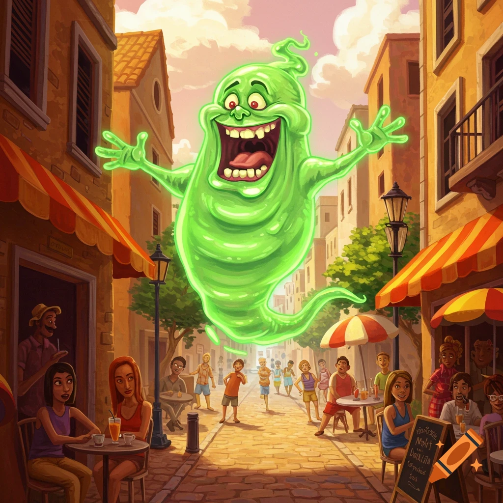 A large green cartoon ghost with an open mouth floats above a sunny cobblestone street filled with people and outdoor cafes in a European-style city.