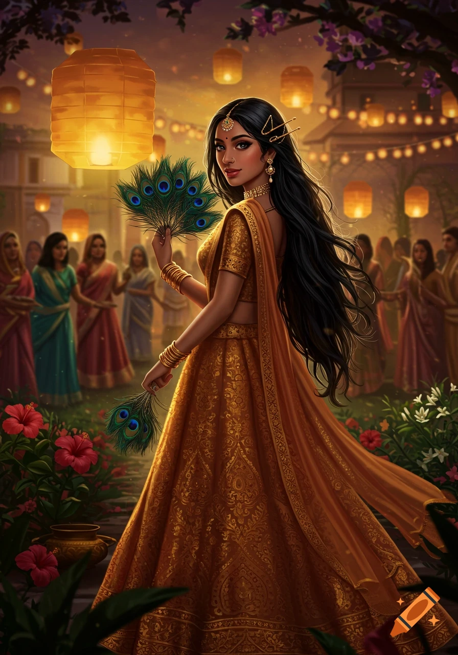 A beautiful woman in a golden traditional Indian lehenga holds peacock feathers, standing outdoors at night with glowing lanterns and flowers.