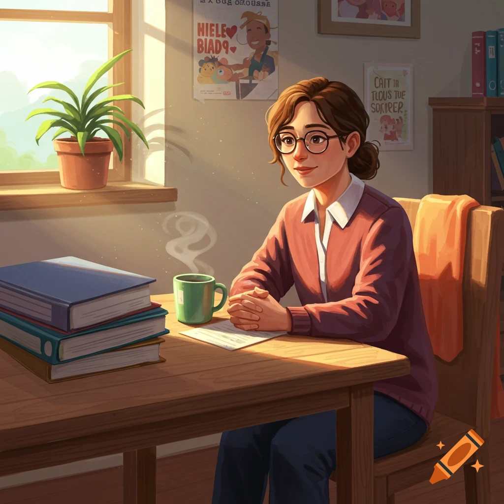 An illustration of a woman with glasses sitting at a desk with books and a steaming mug, bathed in sunlight.