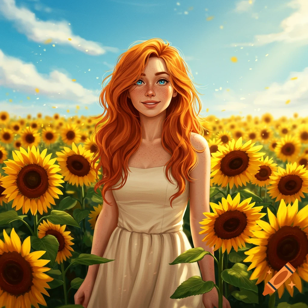 A stylized illustration of a smiling, red-haired woman with blue eyes standing in a vibrant sunflower field under a bright blue sky.
