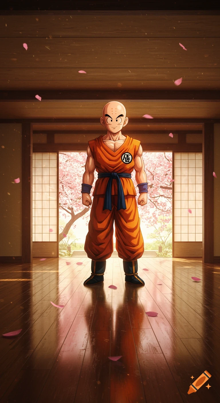 Krillin from Dragon Ball Z stands in an indoor Japanese setting with cherry blossoms outside, in an anime style.