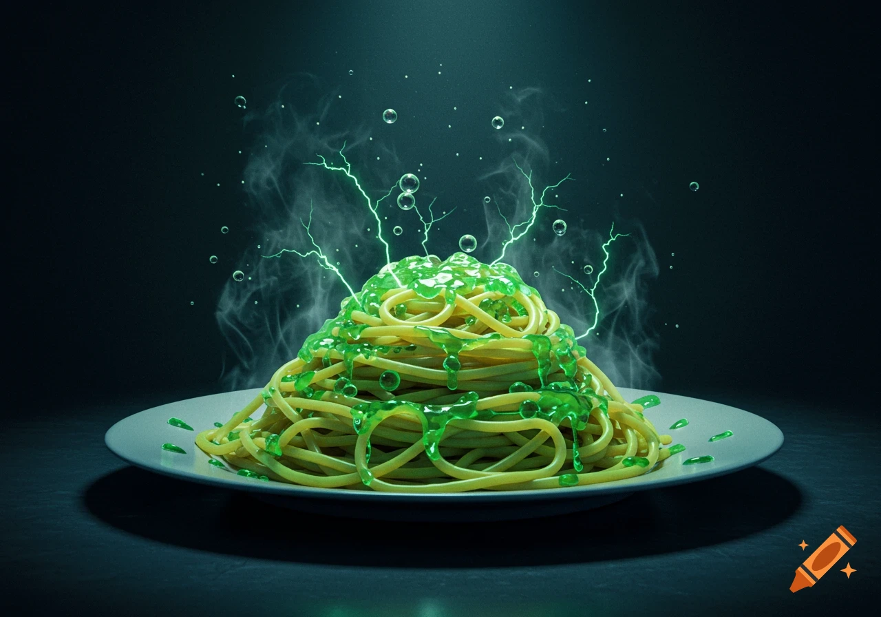 A plate of spaghetti covered in glowing green goo with electric tendrils and steam rising.